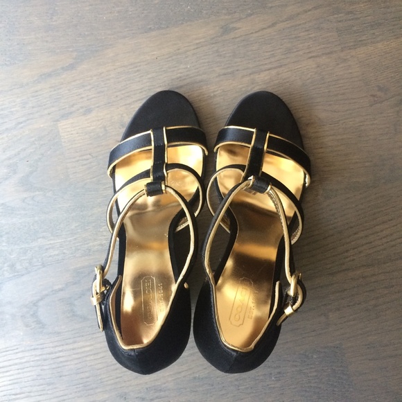 Coach | Black Satin Gold Trim Wedge Heel Sandals - Picture 3 of 8